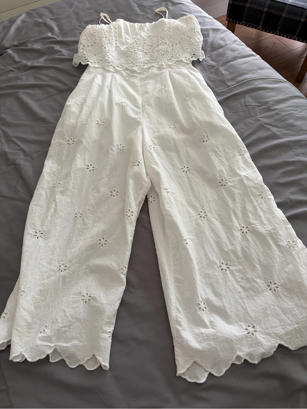 White Eyelet Wide-Leg Jumpsuit with Scalloped Trim